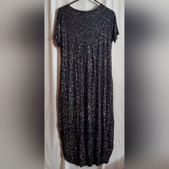 Huskary | NWT Black Maxi Length Dress w/Metallic Polka Dots and Pockets | Size M - Picture 7 of 8
